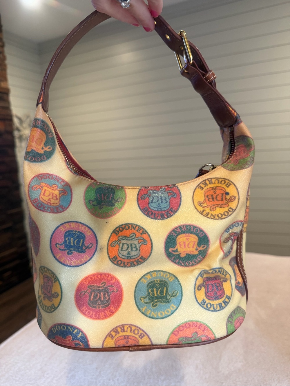 Dooney & Bourke Cream Multicolor Logo Circle Hobo Shoulder Bag